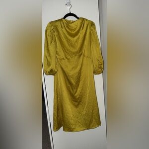 Boohoo Mustard Satin Puff-Sleeve Midi Dress